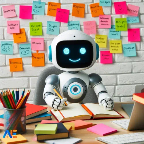 AI-genererad bild av en robot som sitter vid ett skrivbord. Skrivbordet är fullt med böcker och en pennhållare, väggen bakom har många post-it-lappar.