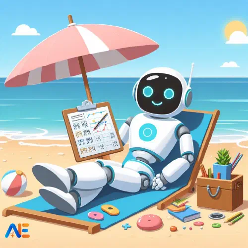 AI-genererad bild av en robot som slappnar av på stranden. Roboten håller en skrivplatta och det finns några utbildningsmaterial på sanden.