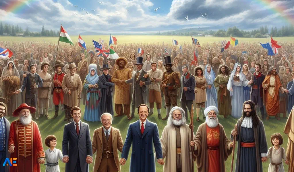 AI-genererad bild av många olika karaktärer från hela världen. De står alla på ett fält, olika flaggor är synliga.