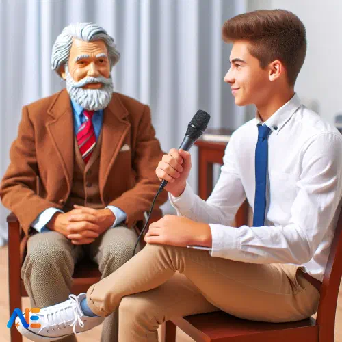 Illustration av en elev som intervjuar en historisk figur. Den historiska figuren sitter på en stol och eleven håller en mikrofon.