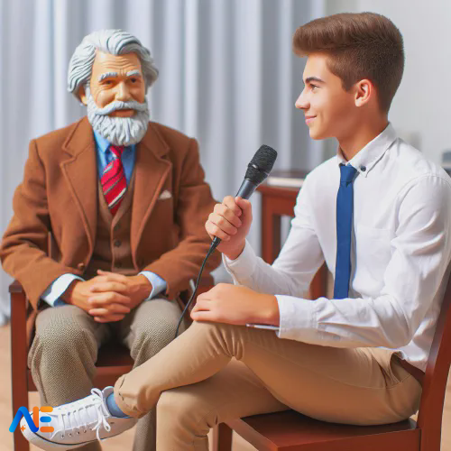 Illustration of a student interviewing a historical figure. The historical figure is sitting on a chair, and the student is holding a microphone.