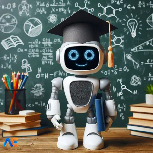 AI-genererad bild av en robot med en examenshatt. Roboten står på ett skrivbord, bredvid pennor, böcker och ett äpple. I bakgrunden finns en svart tavla med olika formler.