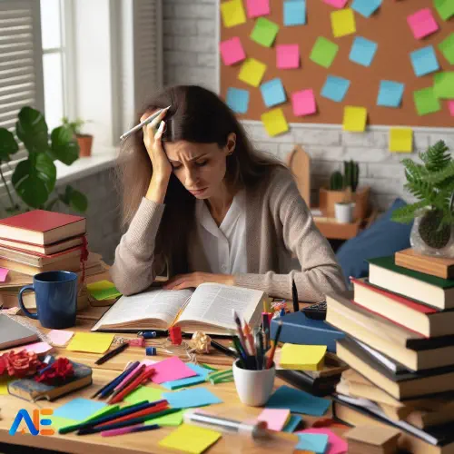 AI generated of a teacher deeply engrossed in unit planning, with the stress of the task evident. Books and papers piled high on the desk.