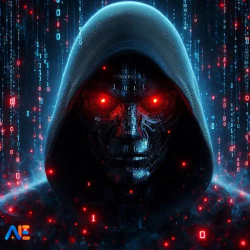 Tehisintellekti loodud pilt tumedast ja pahaendelisest figuurist, mis esindab tehisintellekti tumedat poolt. Figuuri ümbritseb binaarkood ja hõõguvad punased silmad.