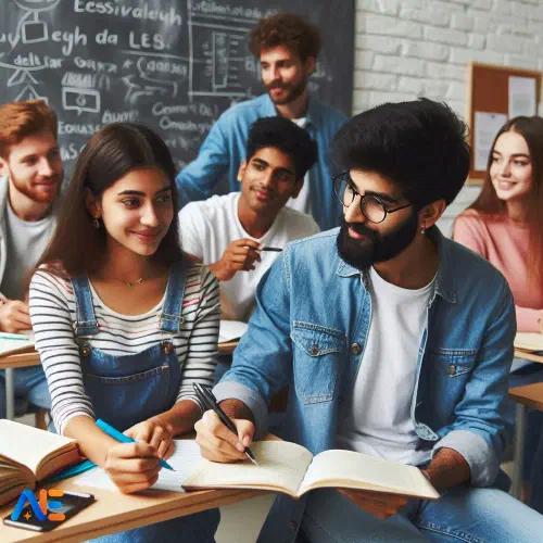 AI-genererad bild av en mångfaldig grupp elever som lär sig ett andra språk. Eleverna är engagerade i samtal och skriver på en whiteboard.