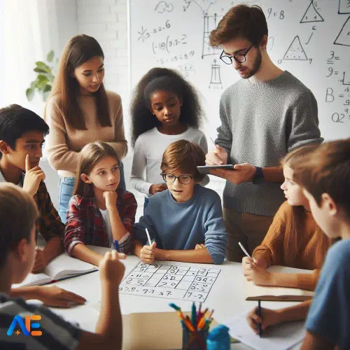 AI-genererad bild av en mångfaldig grupp elever som löser matematiska textuppgifter. Eleverna är engagerade i diskussion och skriver på en whiteboard.