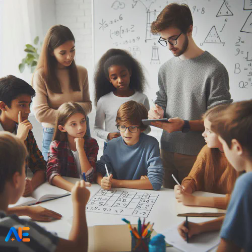 AI generated image of a diverse group of students solving math word problems. The students are engaged in discussion and writing on a whiteboard.