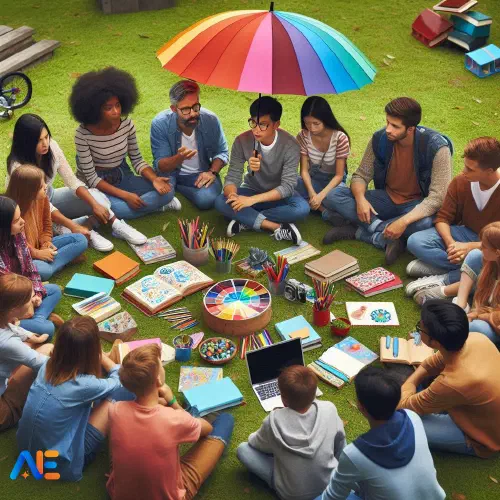 AI generated image of a group of students sat outside in a circle. Inside the circle is various educational items such as books, pens and pencils