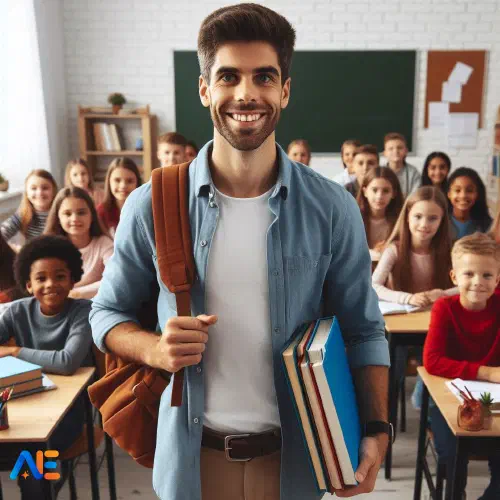 Sijaisopettaja saapuu uuteen luokkaan, hän näyttää valmistautuneelta ja taustalla olevat lapset ovat innoissaan.