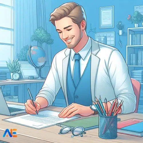 Tehisintellekti loodud pilt rõõmsast õpetajast, kes koostab veatut kaaskirja uue töövõimaluse jaoks, tehisintellekti abiga. Õpetaja näoilme peegeldab rahulolu ja optimismi, mis kaasneb täiusliku avaldusega.