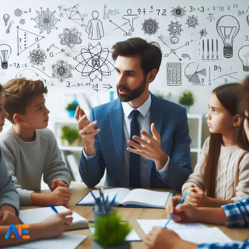 Õpetaja, kes selgitab keerulist kontseptsiooni õpilastele kergusega, taustal valge tahvel erinevate keeruliste jooniste ja valemitega