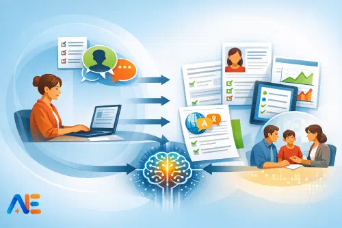 En lärare som förbereder ett LGR22-anpassat utvecklingssamtal med ett AI-arbetsflöde på en laptop medan en elev går igenom anteckningar