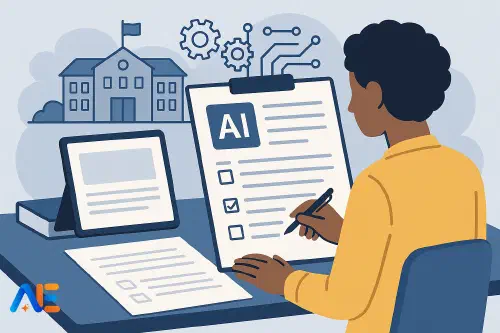 A school leadership team drafting an AI acceptable use policy together