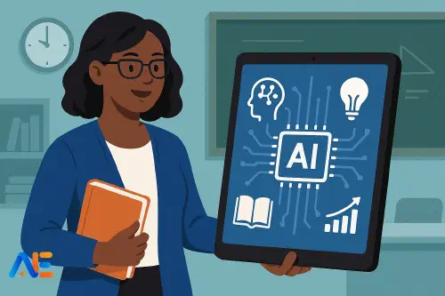 En lärare som vägleder elever genom en AI-kunnighetsaktivitet i ett klassrum