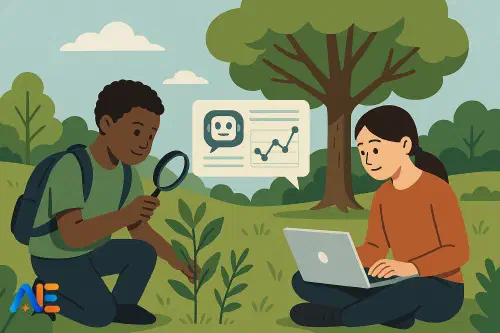 Elever som samlar naturdata utomhus innan de analyserar den med AI i klassrummet