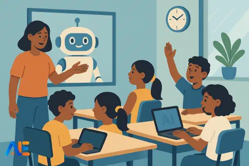 Elever som utforskar AI-berikade sommarskoleaktiviteter tillsammans med en lärare