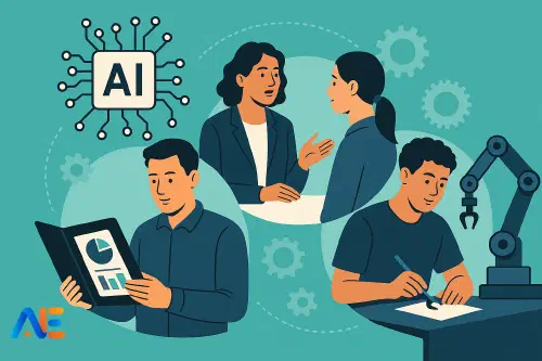 En lärare som går igenom elevers portfolior och praktiska arbeten