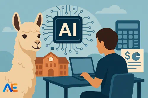 En skolledare som går igenom AI‑budgetalternativ på en bärbar dator