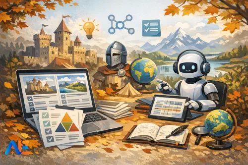 En svensk låg- eller mellanstadielärare som planerar höstens arbetsområden med AI på en laptop, med läroplansdokument på skrivbordet