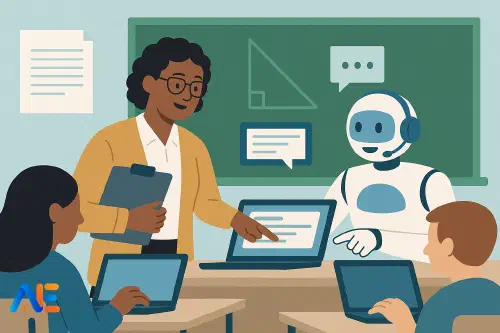 A teacher using AI tools as a co-pilot during a lesson