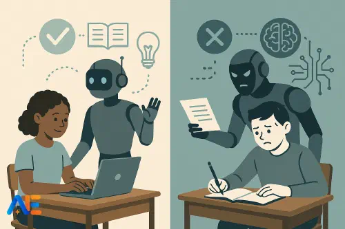 A teacher guiding pupils using AI tools in a classroom