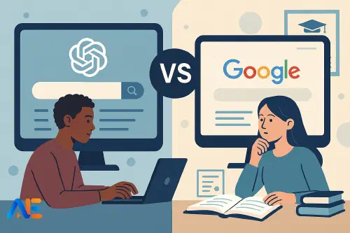 Elever som använder bärbara datorer för att söka information med AI och sökmotorer