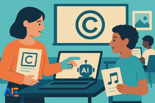 A teacher and students discussing AI and copyright in a classroom