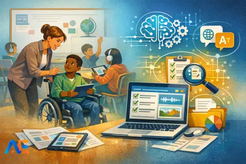 En lärare som granskar en lektionsplan med tillgänglighetsanteckningar bredvid