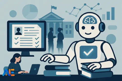 En universitetslärare och en skollärare som tillsammans går igenom instrumentpaneler för AI-stödd betygssättning