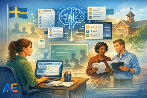 En nyutexaminerad lärare som planerar med LGR22 och en AI-assistent på en laptop