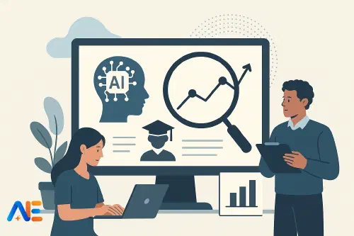 En lärare som granskar AI-detekteringsrapporter tillsammans med elevarbeten