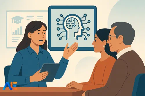 Lärare som förklarar AI‑verktyg för föräldrar på ett föräldramöte