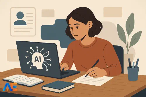 En lärare på högstadiet/gymnasiet som samtalar med en elev om ett utkast till en uppsats medan en laptop med ett AI-verktyg står öppen