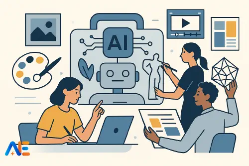 Students in an art and design studio using AI tools alongside traditional media