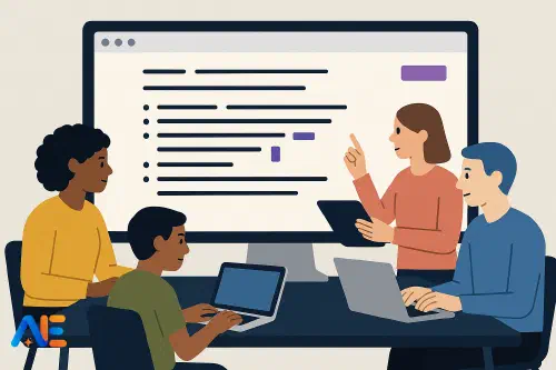 Opiskelijat ja opettaja kirjoittamassa yhdessä OpenAI Canvasissa