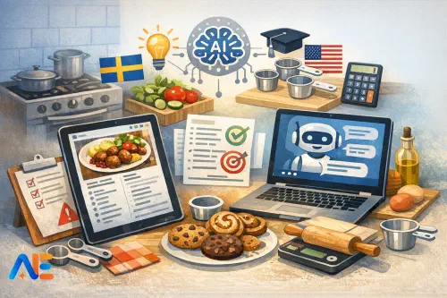 Ett hemkunskapsklassrum där elever förbereder ingredienser medan en lärare går igenom en dokumenterad lektionsplan