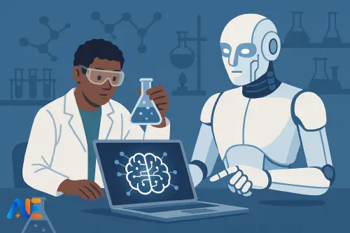 Students in a science lab using AI tools alongside traditional equipment