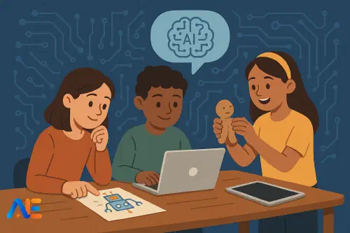 En elev hemma som arbetar med en AI‑minikutmaning med ett block och en surfplatta