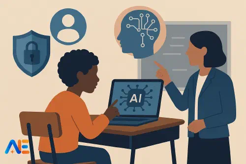 A teacher guiding students through responsible AI use in a classroom