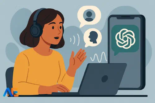 En språkinlärare som övar muntlig färdighet med ChatGPT Advanced Voice Mode på en mobiltelefon