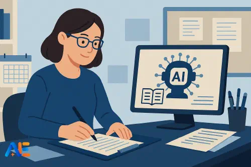 A teacher using AI tools to write pupil reports efficiently
