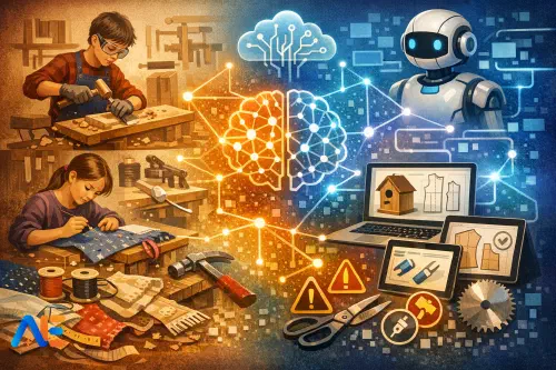 En slöjdlärare som vägleder elever medan hen använder en AI-planeringsmall på en laptop