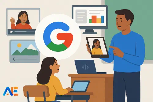 Õpetaja kasutab Google Gemini 2.0 sülearvutis, samal ajal kui õpilased klassis töötavad