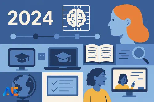 Teacher reviewing AI developments from 2024 on a laptop