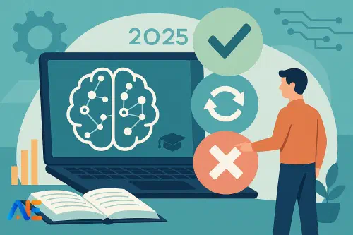 En lärare som går igenom AI‑verktyg på en laptop i ett skolans personalrum