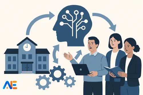 School leaders planning sustainable AI workflows together