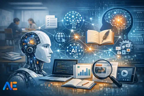 En lärare som vägleder elever genom uppgifter i digital kompetens med AI-verktyg ämnesövergripande