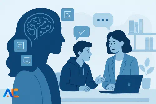 En lärare som använder AI-frågor för att guida ett samtal om välmående med en elev