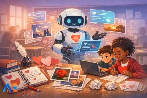 Elever som skriver utkast till Alla hjärtans dag-dikter med en lärare och använder ett AI-verktyg som en begränsad medförfattare