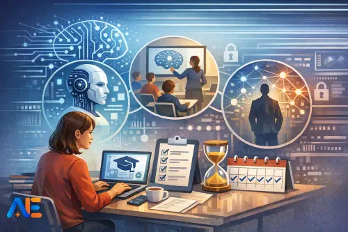 A teacher reviewing online AI course modules during half-term